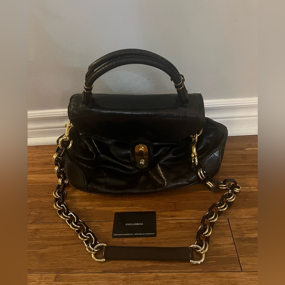 Dolce & Gabbana Black Leather Shoulder Bag with Gold Accents